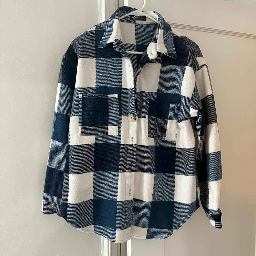 Blue and White Plaid Shirt Jacket